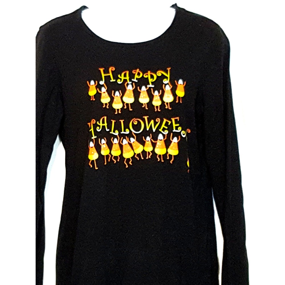 Happy Halloween t shirt Womens M graphic long sleeve black candy corn